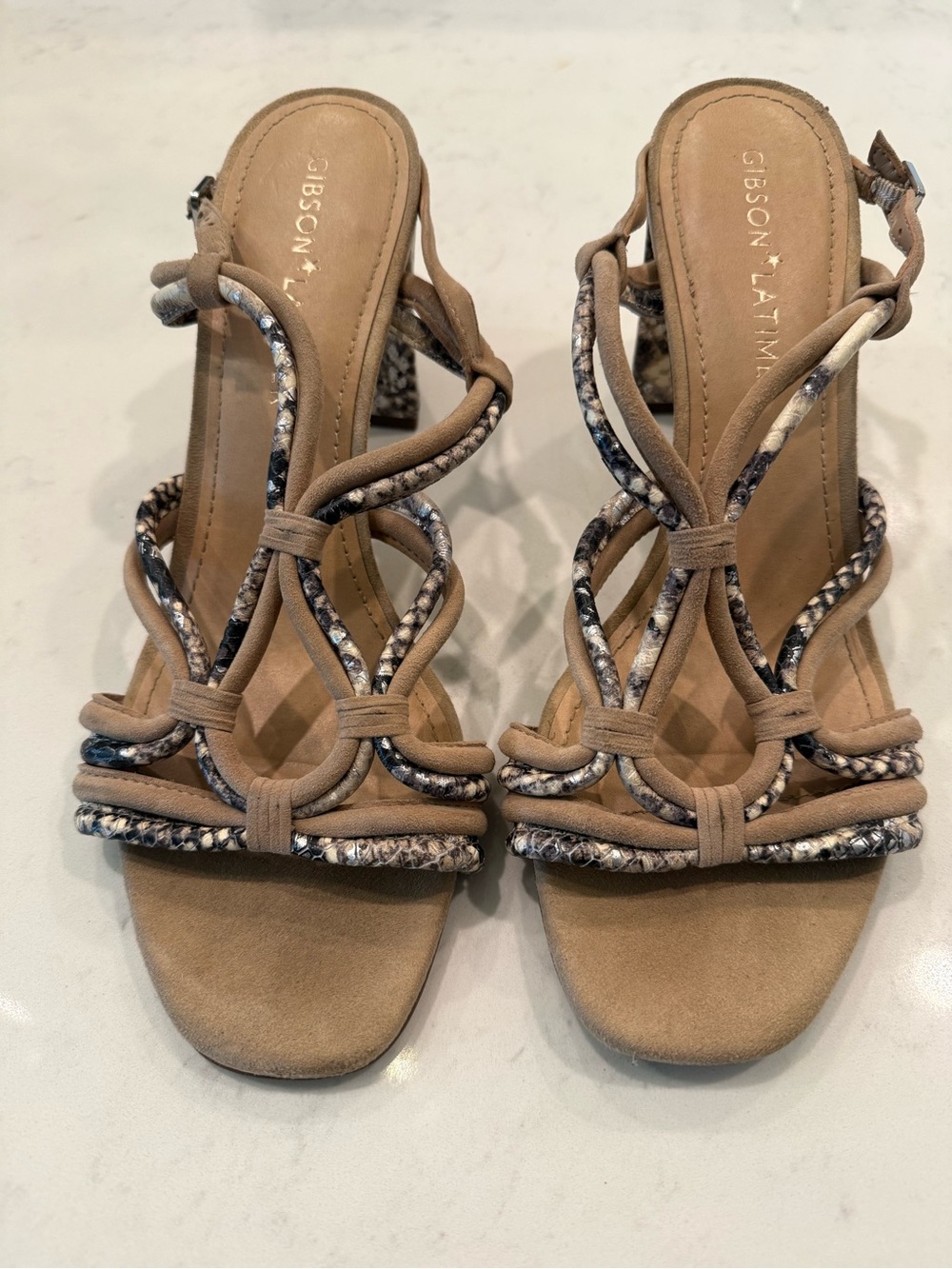Gibson Latimer Braided Strap Tan & Snakeskin Block Heel Sandals
